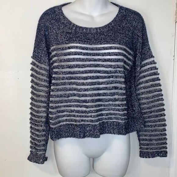 Quinn Tops - QUINN Navy Blue Textured Striped Marled Linen Cashmere Blend Crop Sweater -XS